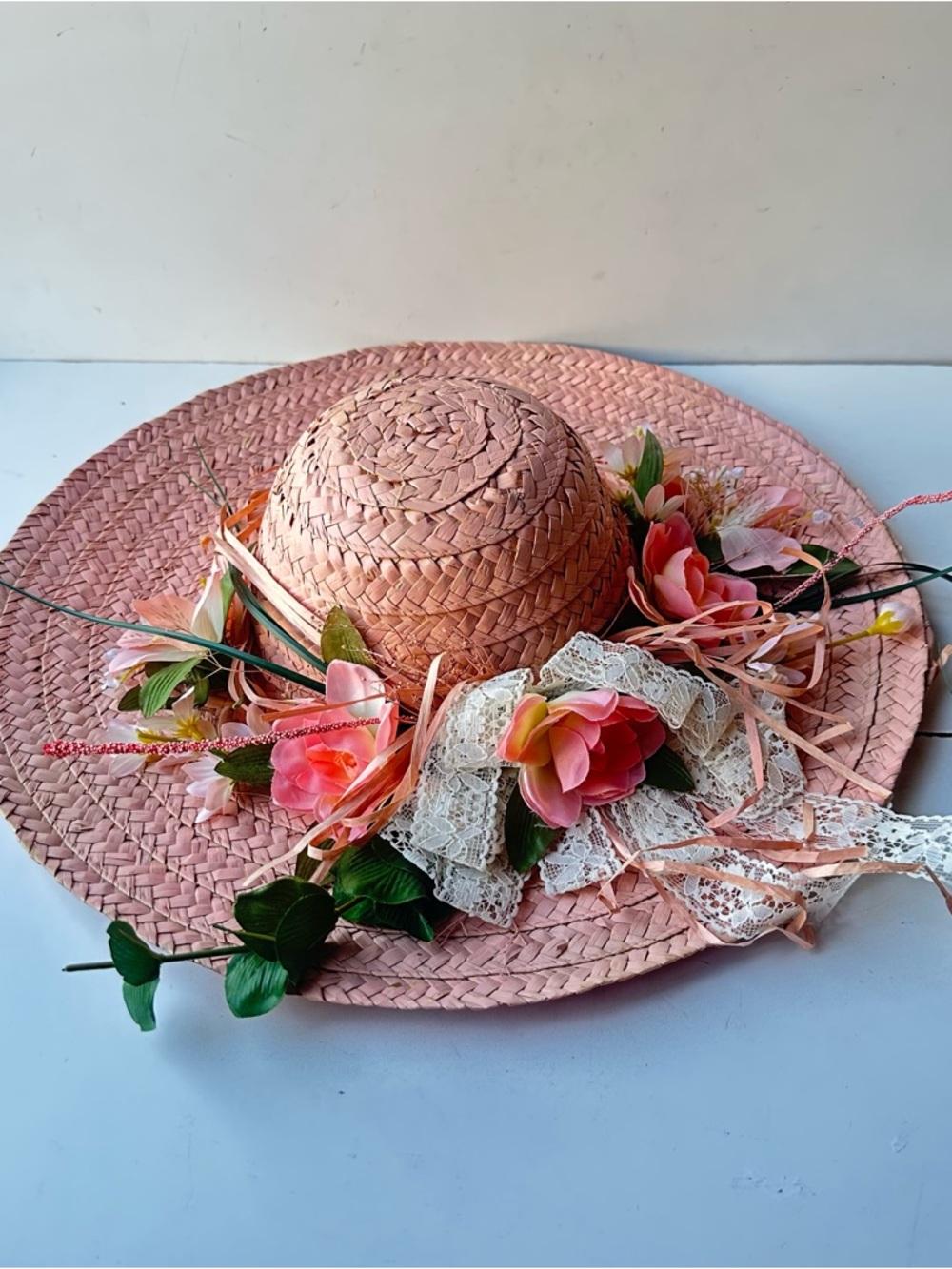 Vintage Pink Straw Sun Hat Wide Brim Floral Lace Ribbon Easter Garden Tea Party